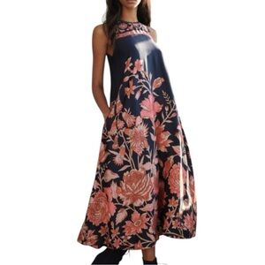 Anthropologie Floral Satin Maxi Dress